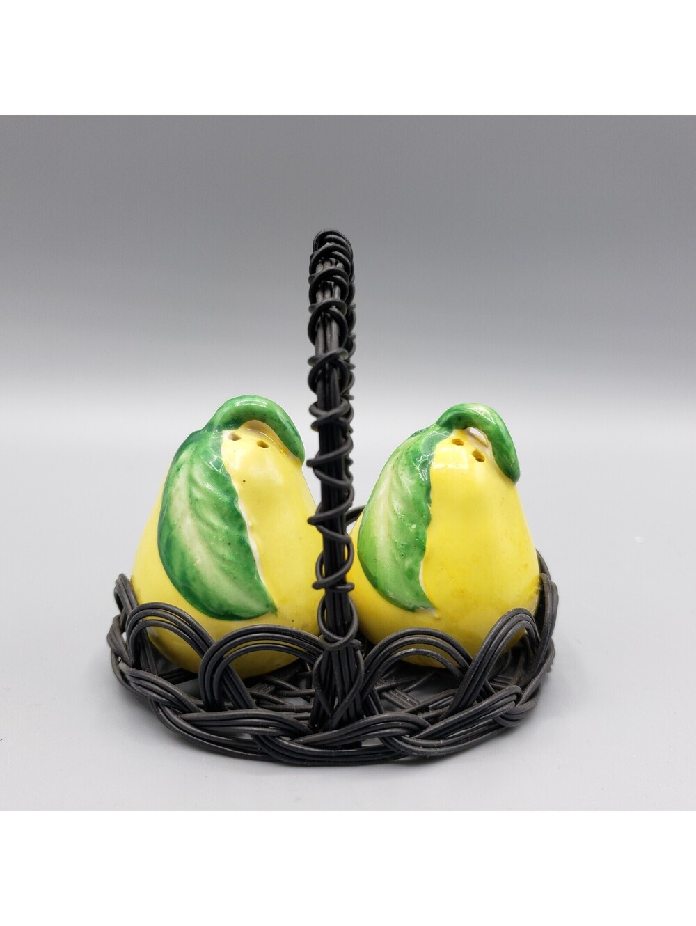 Vintage Japan Salt and Pepper Shakers Ceramic Pears in Wire Basket Holder